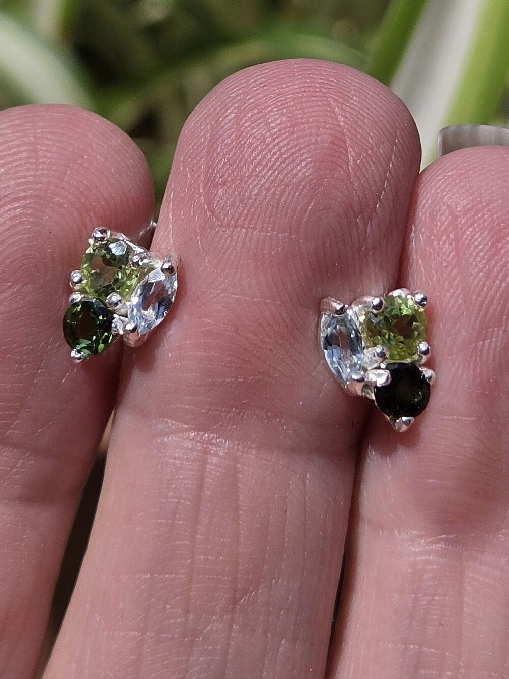 Blue Topaz Peridot & Crome Diopside Natural Sterling & White Gold Earrings - Picture 3 of 9